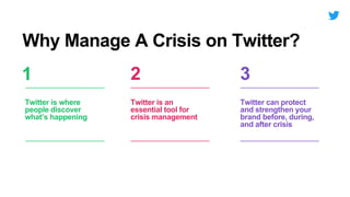 Twitter is where
people discover
what’s happening
Twitter can protect
and strengthen your
brand before, during,
and after crisis
1 3
Twitter is an
essential tool for
crisis management
2
Why Manage A Crisis on Twitter?
 
