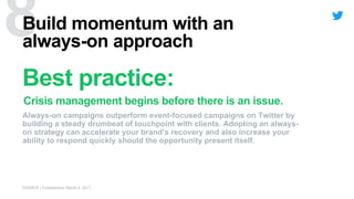 Best practice:
Crisis management begins before there is an issue.
Build momentum with an
always-on approach
Always-on campaigns outperform event-focused campaigns on Twitter by
building a steady drumbeat of touchpoint with clients. Adopting an always-
on strategy can accelerate your brand’s recovery and also increase your
ability to respond quickly should the opportunity present itself.
SOURCE | Entrepreneur March 4, 2017
 