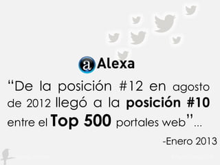 “De la posición #12 en agosto
de 2012 llegó a la posición #10
entre el Top 500 portales web”…
-Enero 2013
 