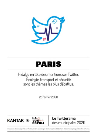 Le Twittorama
des municipales 2020
Analyse des discours exprimés sur Twitter pendant la campagne des municipales 2020, à Paris et dans les dix plus grandes villes de France.
PARIS
Hidalgo en tête des mentions sur Twitter.
Écologie, transport et sécurité
sont les thèmes les plus débattus.
28 février 2020
 