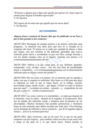 Twitts & Faces para Corazones Necesitados



"SI buscas a alguien que te diga solo aquello que quieres oír, mejor sigue tu
camino pues llegaste al hombre equivocado".
V. M. Rawlins

'NO esperes de mi nada más que aquello que me nazca darte".
V. M. Rawlins

                            MIS PARABIENES

Algunas frases a manera de buenos días que he publicado en mi Face y
que le han gustado a mis contactos:

¡BUEN DÍA! Recárgate de energía positiva y de ánimos enfocados para
progresar... la situación esta dura; pero que esto no te disuada en la
conquista del éxito. El mismo no se mide por cantidad de dinero o fama
que tengas, sino por terminar el día habiendo aprendido algo nuevo,
conocido gente nueva y acostándote en paz con Dios, contigo mism@ y
con los demás (aunque estos no lo hagan). ¡Lánzate con ánimos a la
aventuraaaaaaaaaaaaaaaaaaaaa del día!

¡BUEN DÍA! Abrirse a la que venga para, ya sea, disfrutar; aprender,
comprender, vivir, olvidar, crecer... este día está lleno de posibilidades
únicas e irrepetibles... a la aventuraaaaaaaaaaaaaaaaa con la determinación
suficiente para no dejarse vencer del miedo!!!!

¡BUEN DÍA! Haz las cosas a tu manera. No es menester que les agrades a
todos; con que te respeten es suficiente. Hoy lunes es el día para que dejes
tu impronta en todo lo que te toque hacer: en tu trabajo, escuela,
universidad, hogar, medio social.... que digan: ¡'Víctor (o como te llames)
paso por aquí!’... Levántate con animo... zacurete... y, ¡empodérate de este
día que es para ti!... ¡Arriba aventurerooooo!

¡BUEN DÍA! Las cosas vuelven a la normalidad... es regla que después de
la tormenta, viene la calma... después de la tragedia, la recuperación. Dios
nos ha dotado del suficiente coraje y fortaleza para levantarnos de las
adversidades. Muchos hermanos han perdido pertenencias y familiares
luego de esta tormenta; pero deben recordar que 'todo pasa'. Este domingo
sea un domingo de reflexión y nuevo comienzo... que de la tragedia salga el
renacer... ¡Esa es la aventura para hoy!

¡BUEN DÍA! ¡Que ricoooooo, solo en mi casa! No es que no me guste
compartir con mis mujeres... pero también valoro los días en que estoy solo
y tengo el día para mí y lo que deseo hacer. Nunca pierdas tu

                                                                                  62
 
