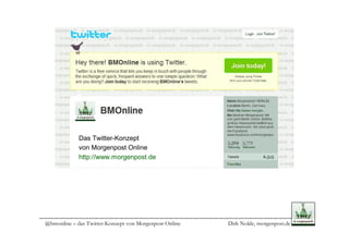 Das Twitter-Konzept
             von Morgenpost Online
             http://www.morgenpost.de




@bmonline – das Twitter-Konzept von Morgenpost Online   Dirk Nolde, morgenpost.de
 