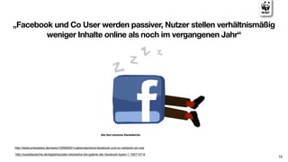 „Facebook und Co User werden passiver, Nutzer stellen verhältnismäßig
        weniger Inhalte online als noch im vergangenen Jahr“




http://www.pressetext.de/news/100930021/ueberraschend-facebook-und-co-verlieren-an-reiz

http://sueddeutsche.de/digital/soziale-netzwerke-die-galerie-der-facebook-typen-1.1007147-6
                                                                                              19
 