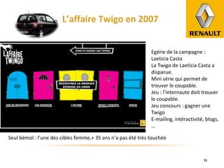 L’affaire Twigo en 2007 Egérie de la campagne : Laeticia Casta La Twigo de Laeticia Casta a disparue. Mini série qui permet de trouver le coupable. Jeu : l’internaute doit trouver le coupable. Jeu concours : gagner une Twigo E-mailing, intéractivité, blogs,… Seul bémol : l’une des cibles femme,+ 35 ans n’a pas été très touchée 