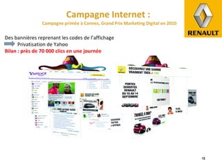 Campagne Internet :  Campagne primée à Cannes, Grand Prix Marketing Digital en 2010 Des bannières reprenant les codes de l’affichage Privatisation de Yahoo Bilan : près de 70 000 clics en une journée 