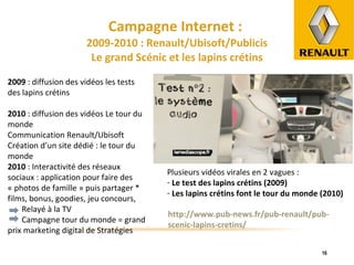Campagne Internet :  2009-2010 : Renault/Ubisoft/Publicis Le grand Scénic et les lapins crétins 2009  : diffusion des vidéos les tests des lapins crétins 2010  : diffusion des vidéos Le tour du monde Communication Renault/Ubisoft Création d’un site dédié : le tour du monde 2010  : Interactivité des réseaux sociaux : application pour faire des « photos de famille » puis partager * films, bonus, goodies, jeu concours, Relayé à la TV Campagne tour du monde = grand prix marketing digital de Stratégies Plusieurs vidéos virales en 2 vagues :  Le test des lapins crétins (2009) Les lapins crétins font le tour du monde (2010) http://www.pub-news.fr/pub-renault/pub-scenic-lapins-cretins/ 