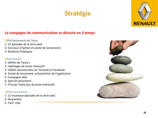 Stratégie La campagne de communication se déroule en 3 temps Pré lancement de Twizy 1- 12 épisodes de la série web 2- Concours (Twitter et soirée de lancement) 3- Relations Publiques Lancement 1- Défilés de Twizy’s 2- Habillages de home intéractif 3- Vidéos sponsorisées sur Youtube et Facebook 4- Soirée de lancement, présentation de l’application 5- Campagne iAds 6- Spot de lancement 7- Trouver Twizy (jeu de piste intéractif) Post lancement 1- 12 nouveaux épisodes de la série web 2- Newsletter 3- Twiz’ club 