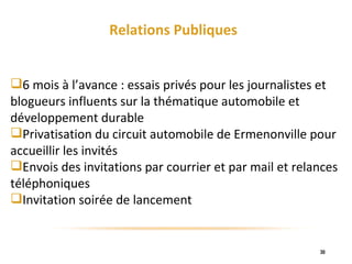 Relations Publiques 6 mois à l’avance : essais privés pour les journalistes et blogueurs influents sur la thématique automobile et développement durable Privatisation du circuit automobile de Ermenonville pour accueillir les invités Envois des invitations par courrier et par mail et relances téléphoniques Invitation soirée de lancement 