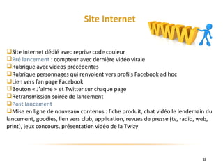 Site Internet Site Internet dédié avec reprise code couleur Pré lancement  : compteur avec dernière vidéo virale Rubrique avec vidéos précédentes Rubrique personnages qui renvoient vers profils Facebook ad hoc Lien vers fan page Facebook Bouton « J’aime » et Twitter sur chaque page Retransmission soirée de lancement Post lancement Mise en ligne de nouveaux contenus : fiche produit, chat vidéo le lendemain du lancement, goodies, lien vers club, application, revues de presse (tv, radio, web, print), jeux concours, présentation vidéo de la Twizy 