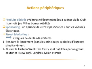 Actions périphériques Produits dérivés  : voitures télécommandées à gagner via le Club (tournoi), jeu Milles bornes réédités Sponsoring  : un épisode de « C’est pas Sorcier » sur les voitures électriques Street Marketing  : 2 vagues de défilés de voitures 1- Pendant le lancement (dans les principales capitales d’Europe) simultanément 2- Durant la Fashion Week : les Twizy sont habillées par un grand couturier : New York, Londres, Milan et Paris 