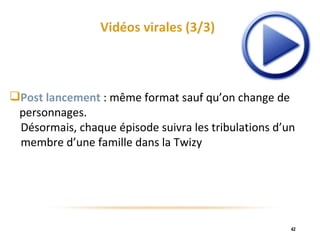Vidéos virales (3/3) Post lancement  :   même format sauf qu’on change de personnages.  Désormais, chaque épisode suivra les tribulations d’un  membre d’une famille dans la Twizy 