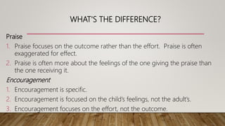 WHAT'S THE DIFFERENCE?
Praise
1. Praise focuses on the outcome rather than the effort. Praise is often
exaggerated for effect.
2. Praise is often more about the feelings of the one giving the praise than
the one receiving it.
Encouragement
1. Encouragement is specific.
2. Encouragement is focused on the child’s feelings, not the adult’s.
3. Encouragement focuses on the effort, not the outcome.
 