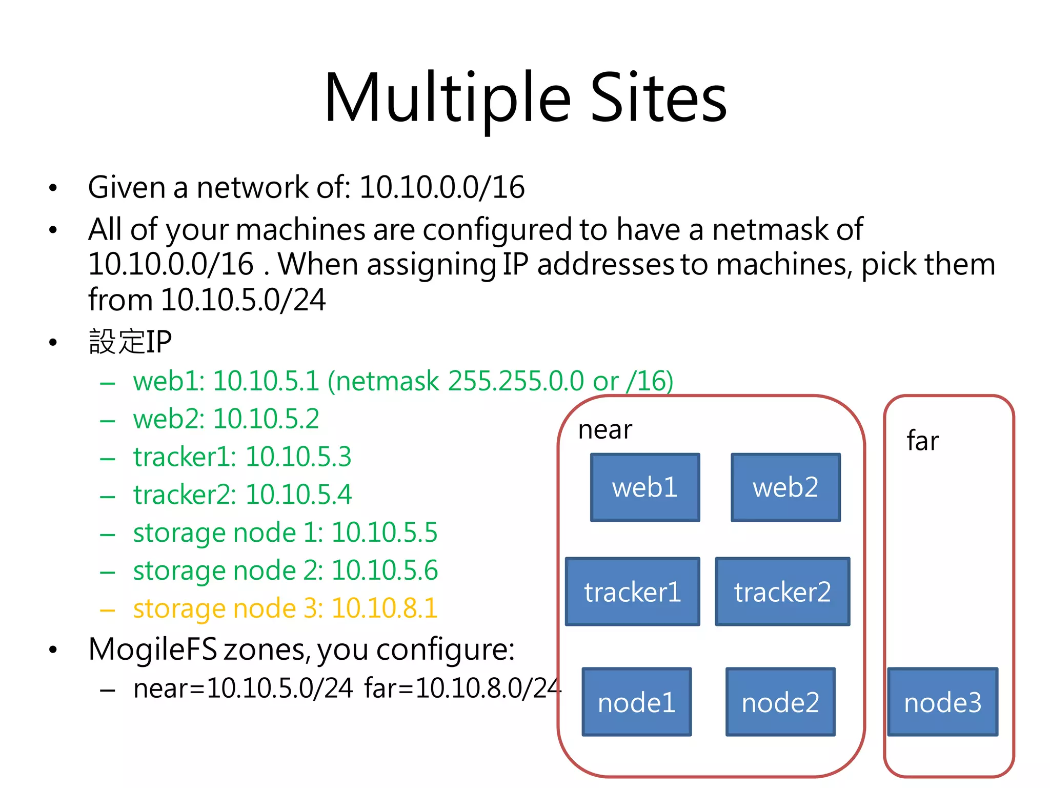 Multiple Sites
• Given a network of: 10.10.0.0/16
• All of your machines are configured to have a netmask of
10.10.0.0/16 . When assigning IP addresses to machines, pick them
from 10.10.5.0/24
• 設定IP
– web1: 10.10.5.1 (netmask 255.255.0.0 or /16)
– web2: 10.10.5.2
– tracker1: 10.10.5.3
– tracker2: 10.10.5.4
– storage node 1: 10.10.5.5
– storage node 2: 10.10.5.6
– storage node 3: 10.10.8.1
• MogileFS zones, you configure:
– near=10.10.5.0/24 far=10.10.8.0/24
web1
tracker1
node1 node2
near
tracker2
node3
far
web2
 