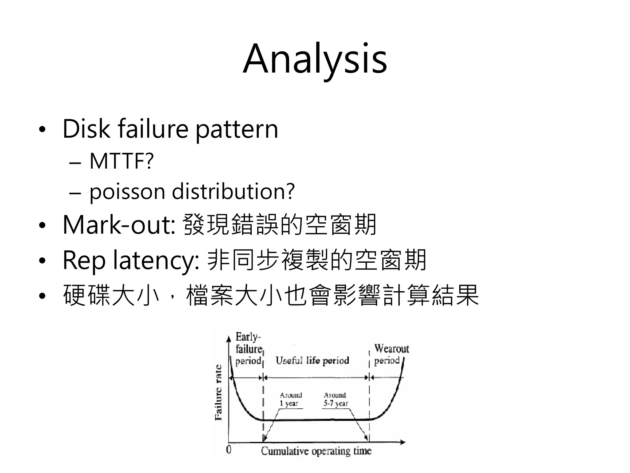 Analysis
• Disk failure pattern
– MTTF?
– poisson distribution?
• Mark-out: 發現錯誤的空窗期
• Rep latency: 非同步複製的空窗期
• 硬碟大小，檔案大小也會影響計算結果
 
