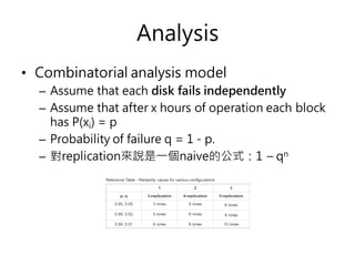 Analysis
• Combinatorial analysis model
– Assume that each disk fails independently
– Assume that after x hours of operation each block
has P(xi) = p
– Probability of failure q = 1 - p.
– 對replication來說是一個naive的公式：1 – qn
 