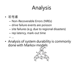 Analysis
• 若考慮
– Non-Recoverable Errors (NREs)
– drive failure events are poisson
– site failures (e.g. due to regional disasters)
– rep latency, mark-out time
– …
• Analysis of system durability is commonly
done with Markov models
 
