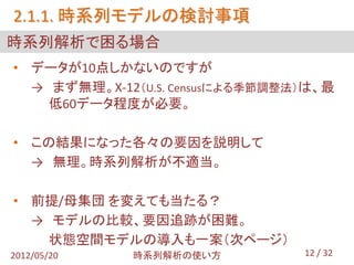 2.1.1. 時系列モデルの検討事項
時系列解析で困る場合
• データが10点しかないのですが
  → まず無理。X-12（U.S. Censusによる季節調整法）は、最
    低60データ程度が必要。

• この結果になった各々の要因を説明して
  → 無理。時系列解析が不適当。

• 前提/母集団 を変えても当たる？
  → モデルの比較、要因追跡が困難。
    状態空間モデルの導入も一案（次ページ）
2012/05/20   時系列解析の使い方           12 / 32
 