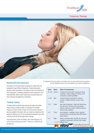 TimeWaver
                                                                                                                                                             med

                                                                                                                                       Frequency Therapy




                                                                                  An integrated CD burning program can combine music you have selected with the respective
          Working with brain frequencies                                                        acoustic frequencies which can be thus applied to your client via headphones.
          The spectrum of the brain waves comprises five states which are
          analyzable through different frequencies. Physical and psychic
          disorders reflect themselves in the spectrum and in the coherency of              Hertz      Name         State of consciousness
          these frequencies. TimeWaver analyses the brain frequencies in the                30-50+ Gamma            mystical and transcendent experiences during
                                                                                                                    meditation, healing, feelings of melting, union,
          informationfield, detects which frequencies are dysfunctional, and
                                                                                                                    omniscience, special capabilities
          which should be strengthened or stimulated.
                                                                                            15-30      Beta         normal everyday consciousness: directed
                                                                                                                    attention, analytical thinking, sensory-motor
          “Floating” Healing                                                                                        activity
                                                                                            8-14       Alpha        easy state of relaxation: mostly with closed eyes
          TimeWaver Med substitutes lower frequencies below the audible                                             and calm spirit, harmony with surroundings;
          region through a simple principle. For example, the inaudible                                             release, reduction of anxiety. Mental journeying,
          frequency of 7,83 Hz which is known as the Schumann resonance                                             being at ease; wellbeing
          becomes audible for the client, when you make two frequencies with                4-8        Theta        deep relaxation, meditation, trance, hypnosis,
          exactly the difference of 7,83 Hz acoustically accessible to both sides                                   reprogramming, possibly light sleep (REM phase –
          of the brain over the left and right stereo channels.                                                     dream phase)
                                                                                            0-4        Delta        deeper, dreamless sleep, possibly also very deep
          This phenomenon, known as floating, uses a base frequency, e.g.
                                                                                                                    meditation, regeneration and often even healing
          432 Hz for one of the ears and 432 + 7,83 Hz (i.e. 439,83 Hz) for                                         through sleep
          the other ear.


This is also applies to the model described here of the different therapy levels and the medicinal relevance of the corresponding TimeWaver treatments.                     9
 