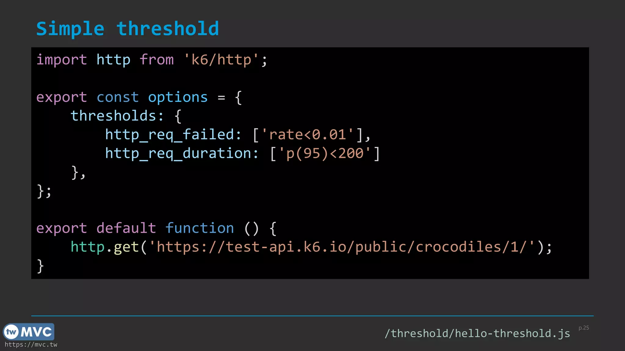 https://mvc.tw
Simple threshold
p.25
import http from 'k6/http';
export const options = {
thresholds: {
http_req_failed: ['rate<0.01'],
http_req_duration: ['p(95)<200']
},
};
export default function () {
http.get('https://test-api.k6.io/public/crocodiles/1/');
}
/threshold/hello-threshold.js
 