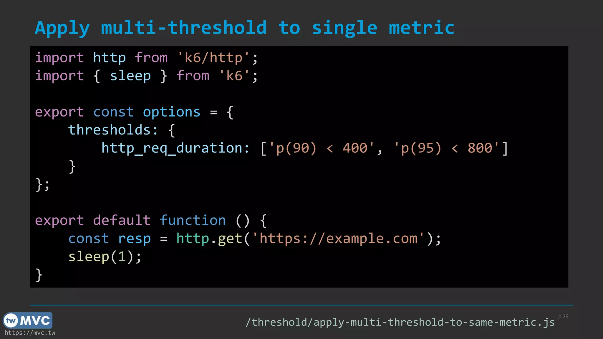 https://mvc.tw
Apply multi-threshold to single metric
p.26
import http from 'k6/http';
import { sleep } from 'k6';
export const options = {
thresholds: {
http_req_duration: ['p(90) < 400', 'p(95) < 800']
}
};
export default function () {
const resp = http.get('https://example.com');
sleep(1);
}
/threshold/apply-multi-threshold-to-same-metric.js
 