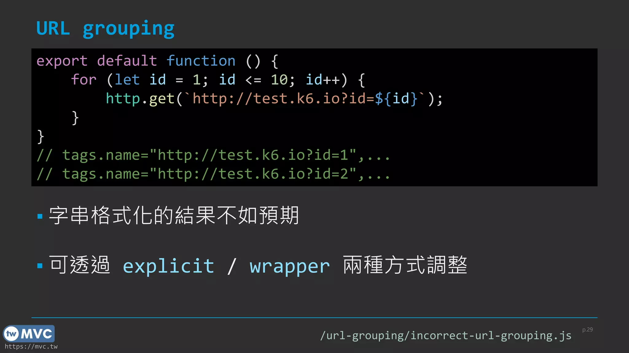 https://mvc.tw
URL grouping
p.29
export default function () {
for (let id = 1; id <= 10; id++) {
http.get(`http://test.k6.io?id=${id}`);
}
}
// tags.name="http://test.k6.io?id=1",...
// tags.name="http://test.k6.io?id=2",...
▪ 字串格式化的結果不如預期
▪ 可透過 explicit / wrapper 兩種方式調整
/url-grouping/incorrect-url-grouping.js
 