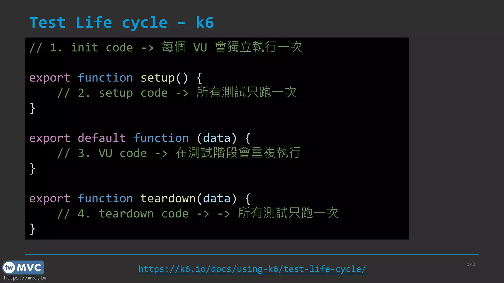 https://mvc.tw
Test Life cycle – k6
p.40
// 1. init code -> 每個 VU 會獨立執行一次
export function setup() {
// 2. setup code -> 所有測試只跑一次
}
export default function (data) {
// 3. VU code -> 在測試階段會重複執行
}
export function teardown(data) {
// 4. teardown code -> -> 所有測試只跑一次
}
https://k6.io/docs/using-k6/test-life-cycle/
 