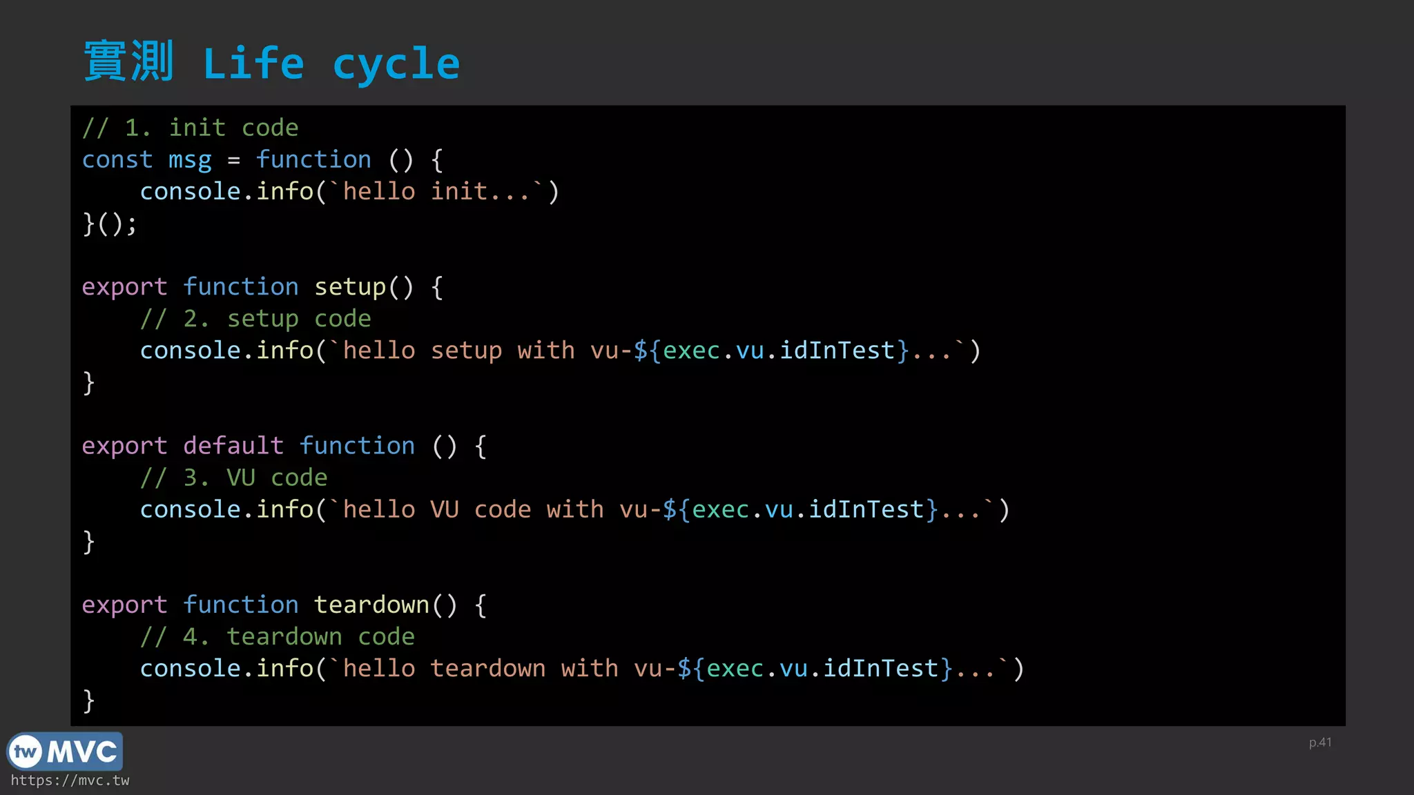 https://mvc.tw
實測 Life cycle
p.41
// 1. init code
const msg = function () {
console.info(`hello init...`)
}();
export function setup() {
// 2. setup code
console.info(`hello setup with vu-${exec.vu.idInTest}...`)
}
export default function () {
// 3. VU code
console.info(`hello VU code with vu-${exec.vu.idInTest}...`)
}
export function teardown() {
// 4. teardown code
console.info(`hello teardown with vu-${exec.vu.idInTest}...`)
}
 