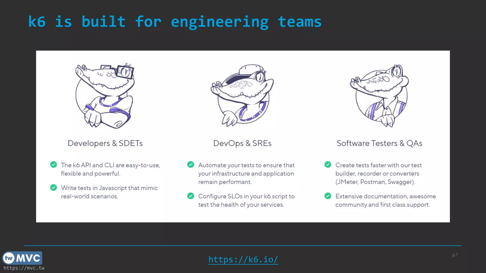 https://mvc.tw
k6 is built for engineering teams
p.7
https://k6.io/
 