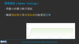 https://mvc.tw
冒煙測試（Smoke Testing）
▪ 用最小的壓力執行測試
▪ 驗證測試程式及待測系統功能是否正常
p.10
https://k6.io/docs/test-types/smoke-testing/
 