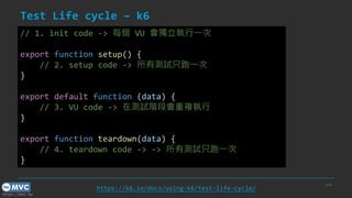 https://mvc.tw
Test Life cycle – k6
p.40
// 1. init code -> 每個 VU 會獨立執行一次
export function setup() {
// 2. setup code -> 所有測試只跑一次
}
export default function (data) {
// 3. VU code -> 在測試階段會重複執行
}
export function teardown(data) {
// 4. teardown code -> -> 所有測試只跑一次
}
https://k6.io/docs/using-k6/test-life-cycle/
 