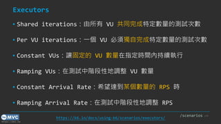 https://mvc.tw
Executors
▪ Shared iterations：由所有 VU 共同完成特定數量的測試次數
▪ Per VU iterations：一個 VU 必須獨自完成特定數量的測試次數
▪ Constant VUs：讓固定的 VU 數量在指定時間內持續執行
▪ Ramping VUs：在測試中階段性地調整 VU 數量
▪ Constant Arrival Rate：希望達到某個數量的 RPS 時
▪ Ramping Arrival Rate：在測試中階段性地調整 RPS
p.46
https://k6.io/docs/using-k6/scenarios/executors/
/scenarios
 