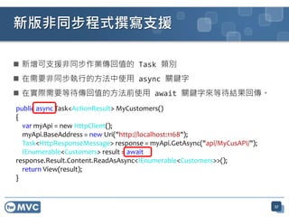  新增可支援非同步作業傳回值的 Task 類別
 在需要非同步執行的方法中使用 async 關鍵字
 在實際需要等待傳回值的方法前使用 await 關鍵字來等待結果回傳。
新版非同步程式撰寫支援
public async Task<ActionResult> MyCustomers()
{
var myApi = new HttpClient();
myApi.BaseAddress = new Uri("http://localhost:1168");
Task<HttpResponseMessage> response = myApi.GetAsync("api/MyCusAPI/");
IEnumerable<Customers> result = await
response.Result.Content.ReadAsAsync<IEnumerable<Customers>>();
return View(result);
}
57
 