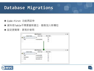  Code-First 功能再延伸
 資料表Table不需要重新建立，動態加入新欄位
 設定更簡單，更易於使用
Database Migrations
59
 