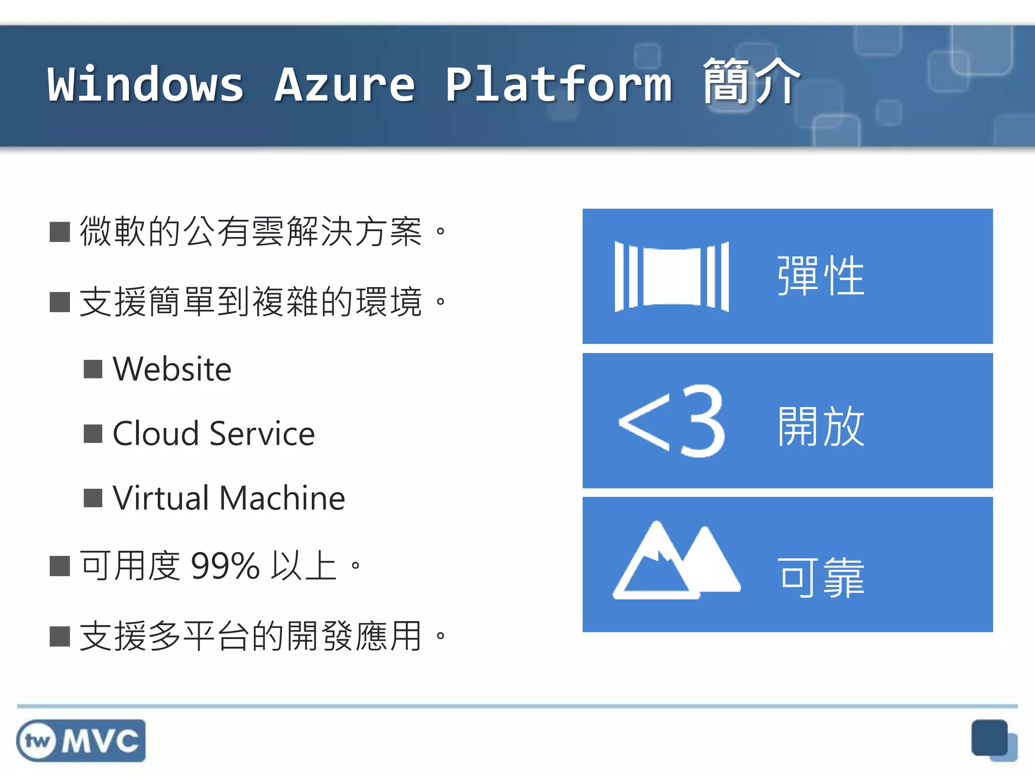 Windows Azure Platform 簡介
 微軟的公有雲解決方案。
 支援簡單到複雜的環境。
 Website
 Cloud Service
 Virtual Machine
 可用度 99% 以上。
 支援多平台的開發應用。
 