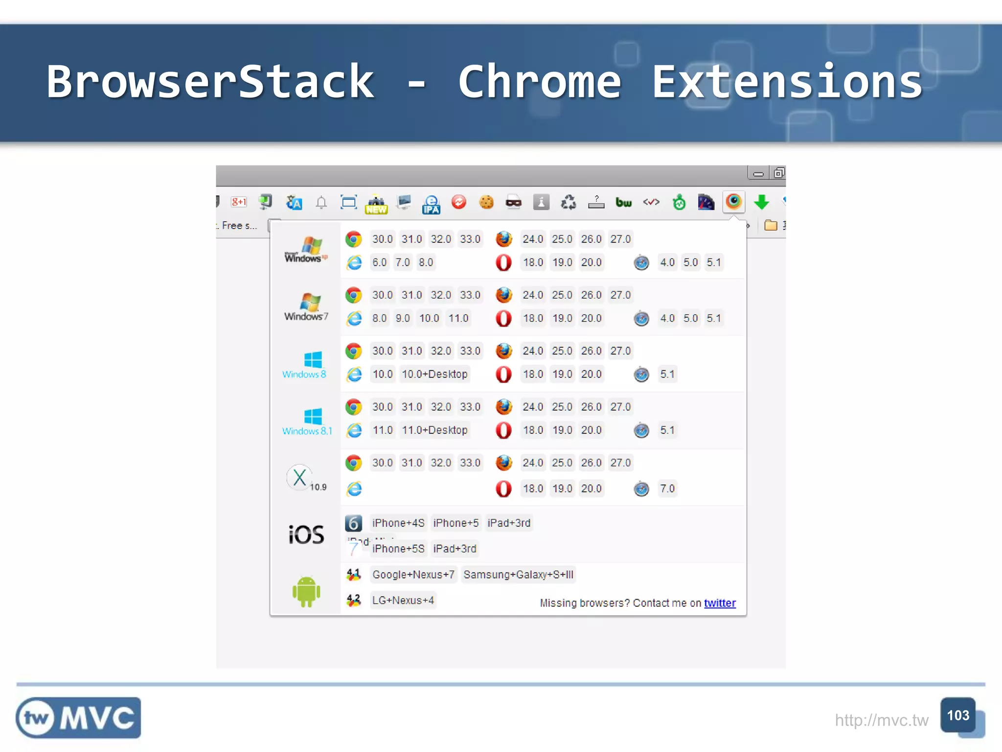 http://mvc.tw
BrowserStack - Chrome Extensions
103
 