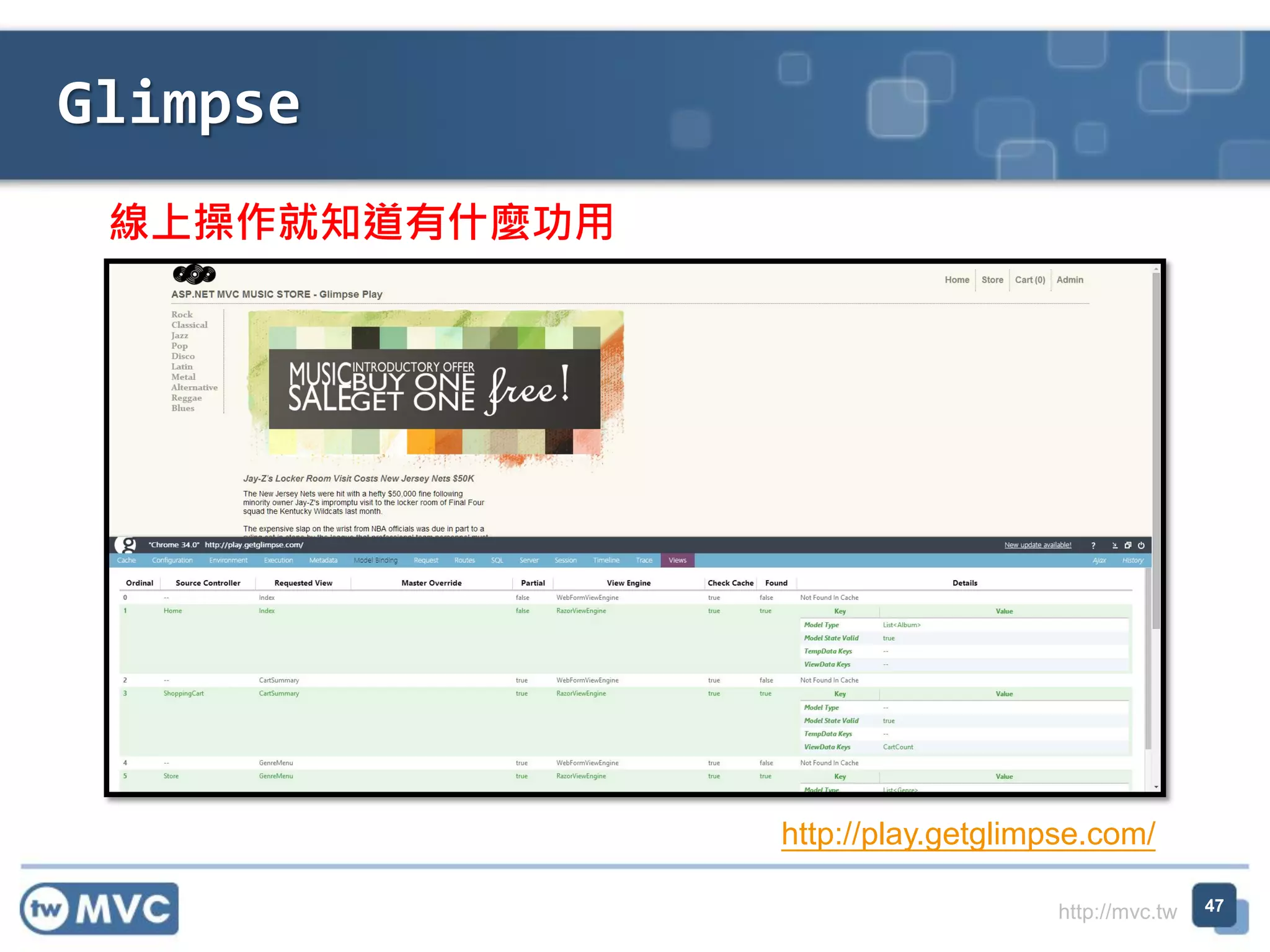http://mvc.tw
Glimpse
47
線上操作就知道有什麼功用
http://play.getglimpse.com/
 