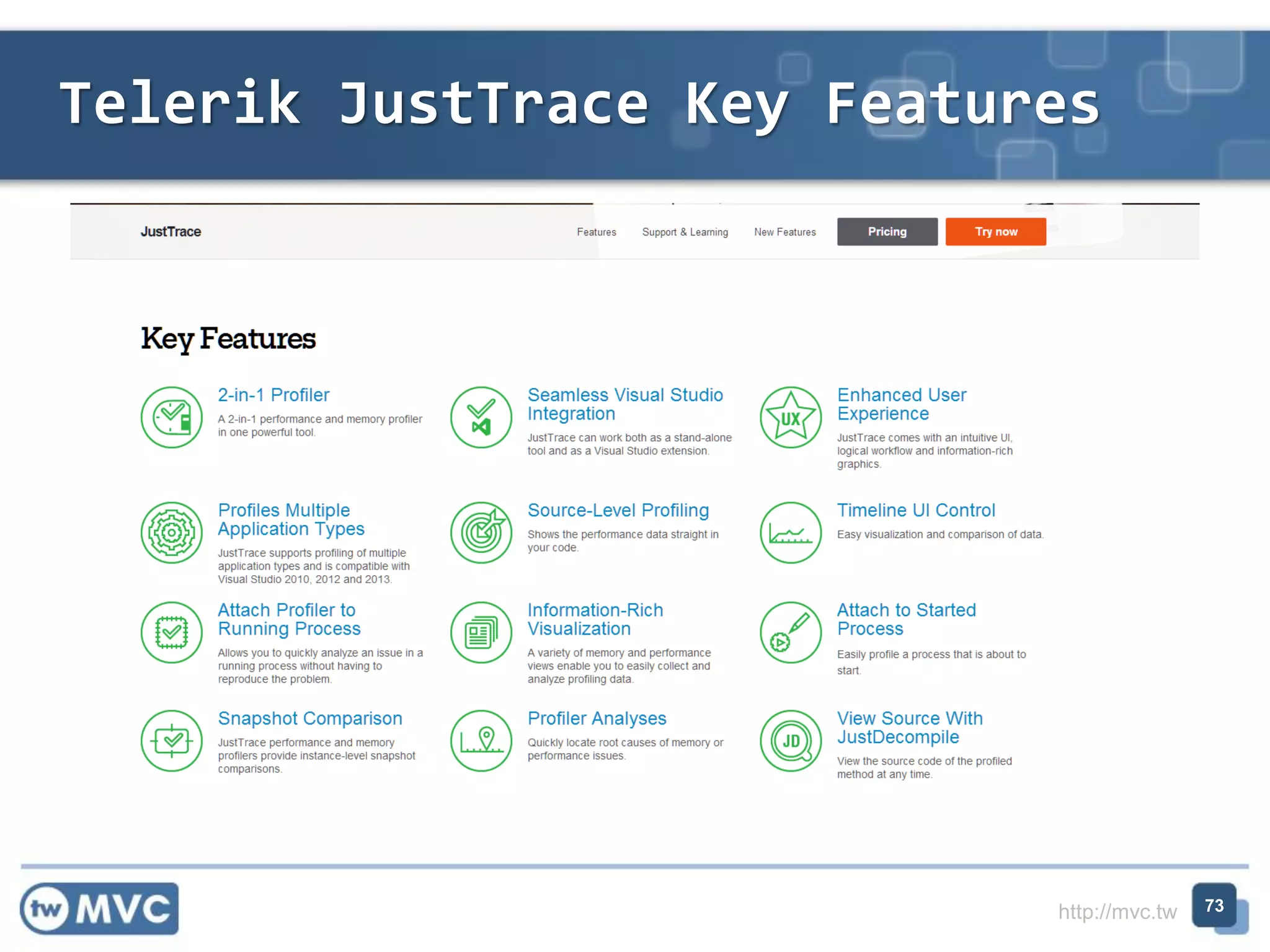 http://mvc.tw
Telerik JustTrace Key Features
73
 