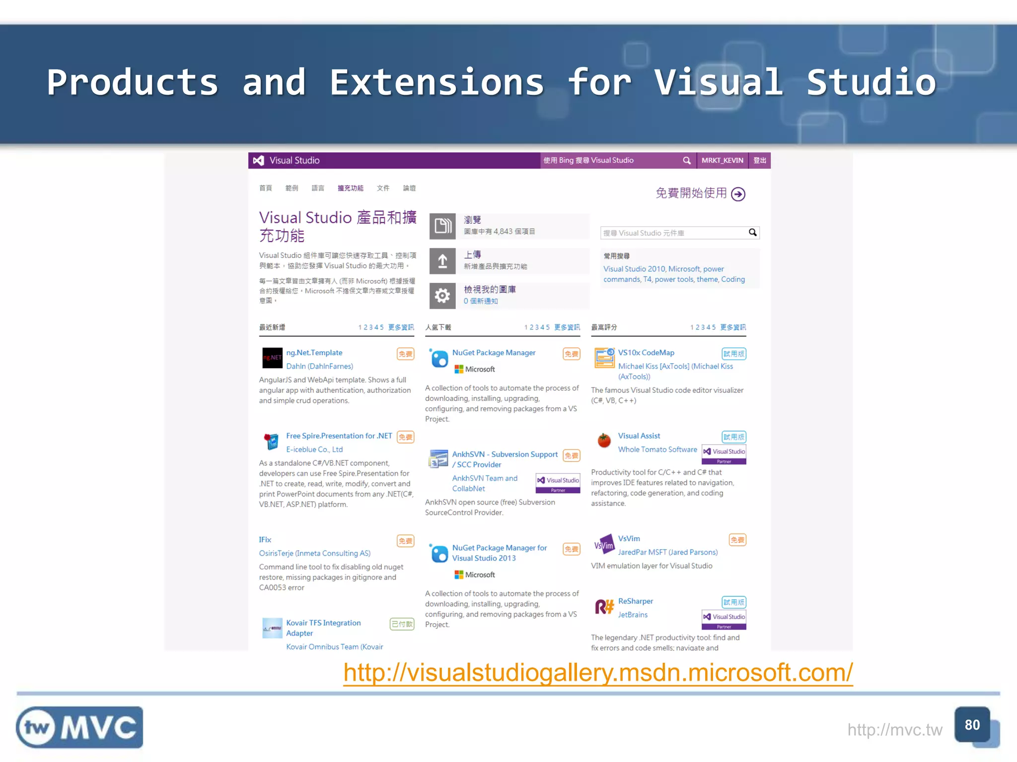 http://mvc.tw
Products and Extensions for Visual Studio
80
http://visualstudiogallery.msdn.microsoft.com/
 
