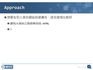 http://mvc.tw
? Ҫڄe˼ҵľWվͶfV棬ԓN^
? ׌e˼ҵĹ̎ HTML
? ?
Approach
10
 