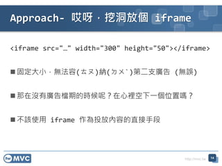 http://mvc.tw
Approach- ѽڶł iframe
14
<iframe src=/slideshow/twmvc20-aspnet-mvc-view-77654982/77654982/"" width="300" height="50"></iframe>
? ̶Сo(ʨ){(ɨA)ڶ֧V (o`)
? ڛ]ЏVnڵĕrأeһλÆ᣿
? ԓʹ iframe ͶŃݵֱֶ
 