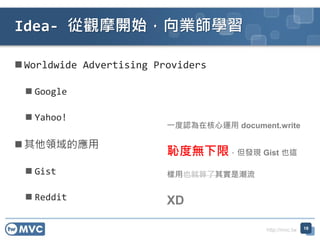 http://mvc.tw
? Worldwide Advertising Providers
? Google
? Yahoo!
? Iđ
? Gist
? Reddit
Idea- ^Ħ_ʼIW
18
һJں\ document.write
uȟoޣlF Gist Ҳ@
Ҳ䌍ǳ
XD
 