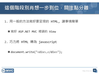 http://mvc.tw
1. һķҪʬF HTML, ׌麆
?  ASP.NET MVC e^ View
2.  HTML D javascript
? document.write("<div></div>");
@A΄eФһλPעcx
20
 