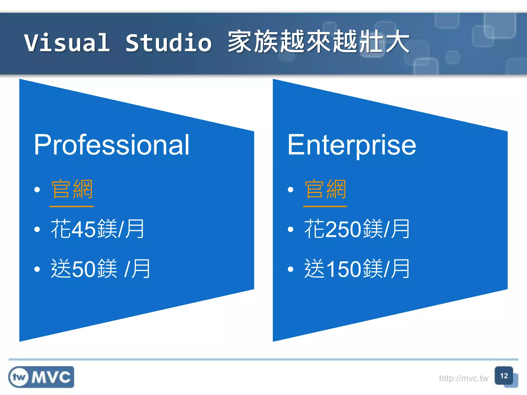 http://mvc.tw
Visual Studio 家族越來越壯大
12
Professional
• 官網
• 花45鎂/月
• 送50鎂 /月
Enterprise
• 官網
• 花250鎂/月
• 送150鎂/月
 