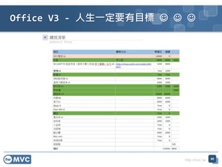 http://mvc.tw
Office V3 - 人生一定要有目標   
40
 