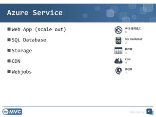 http://mvc.tw
 Web App (scale out)
 SQL Database
 Storage
 CDN
 Webjobs
Azure Service
47
 