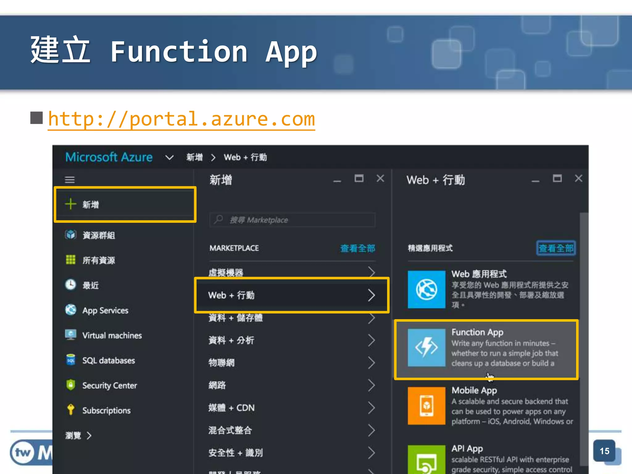 http://mvc.tw
http://portal.azure.com
建立 Function App
15
 