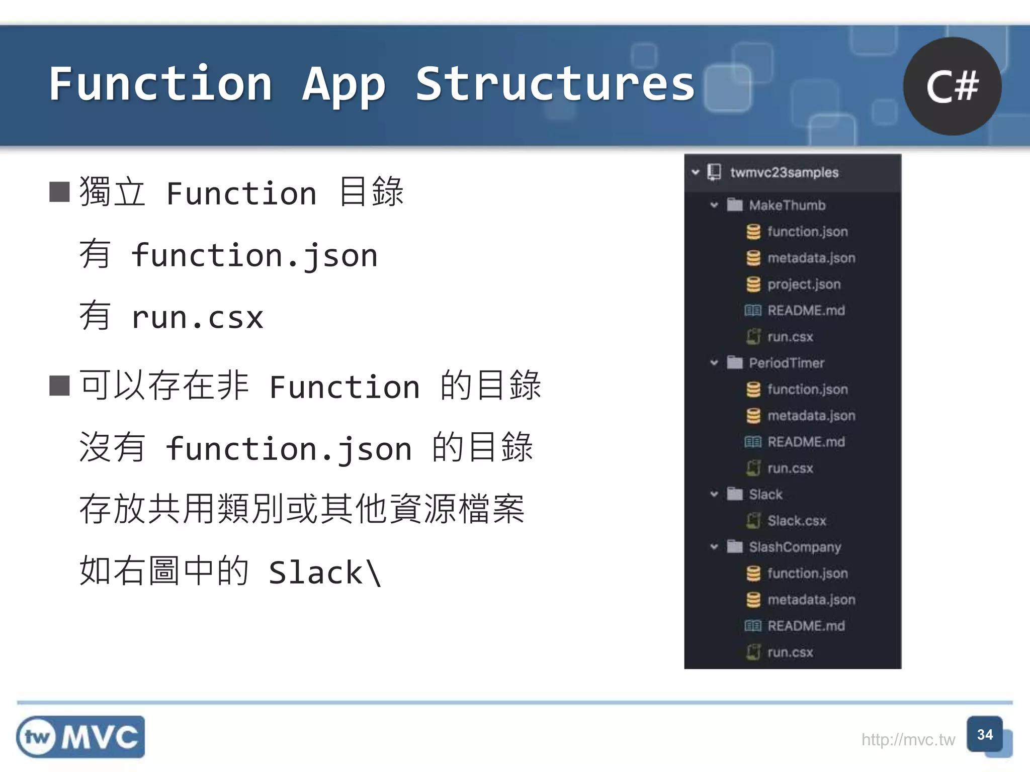 http://mvc.tw
Function App Structures
34
獨立 Function 目錄
有 function.json
有 run.csx
可以存在非 Function 的目錄
沒有 function.json 的目錄
存放共用類別或其他資源檔案
如右圖中的 Slack
 