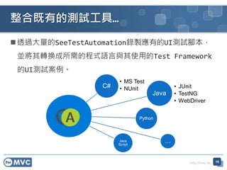 http://mvc.tw
透過大量的SeeTestAutomation錄製應有的UI測試腳本，
並將其轉換成所需的程式語言與其使用的Test Framework
的UI測試案例。
整合既有的測試工具…
16
C#
Java
Python
Java
Script
…
• JUnit
• TestNG
• WebDriver
• MS Test
• NUnit
 