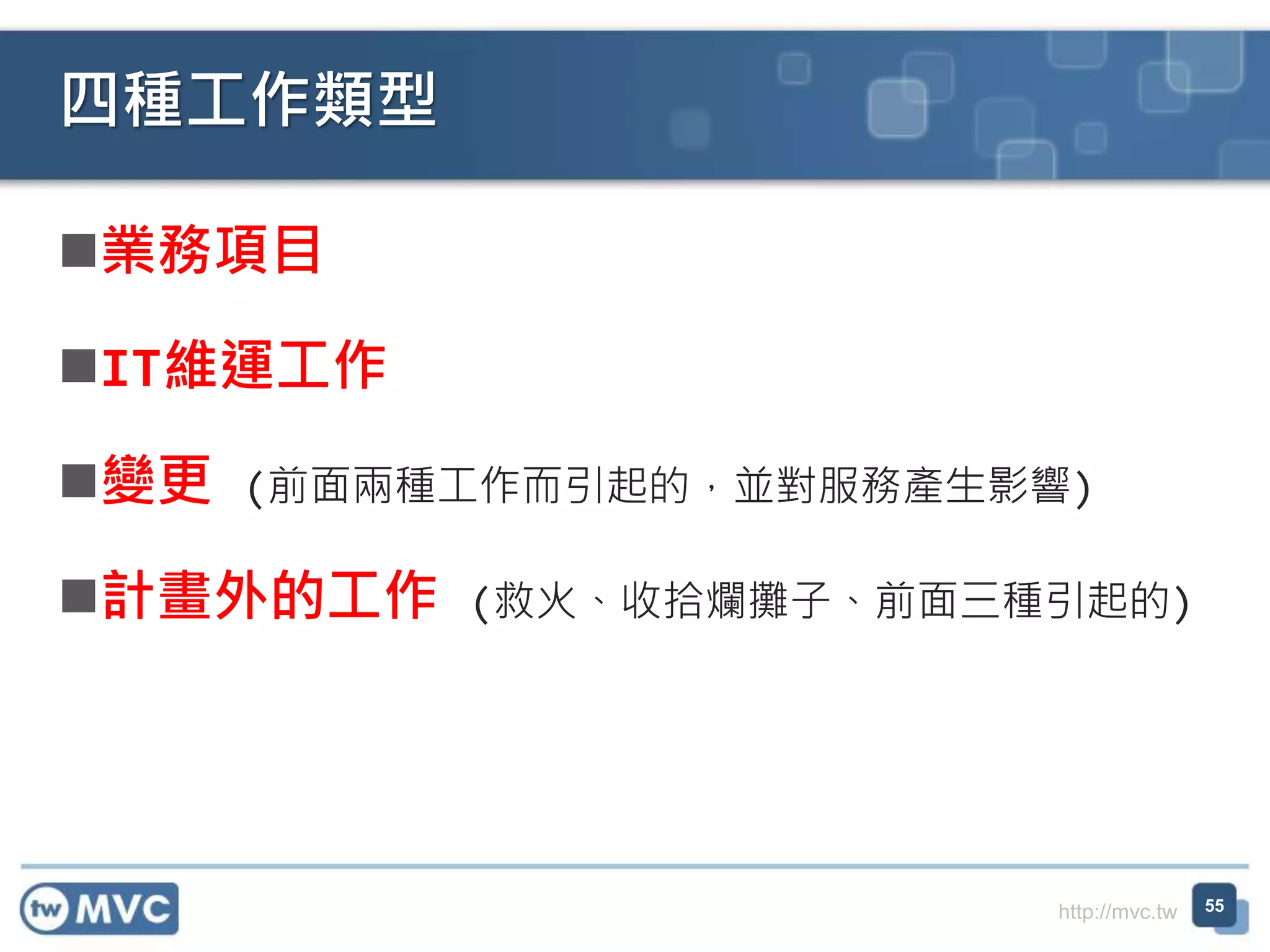 http://mvc.tw
業務項目
IT維運工作
變更 (前面兩種工作而引起的，並對服務產生影響)
計畫外的工作 (救火、收拾爛攤子、前面三種引起的)
四種工作類型
55
 