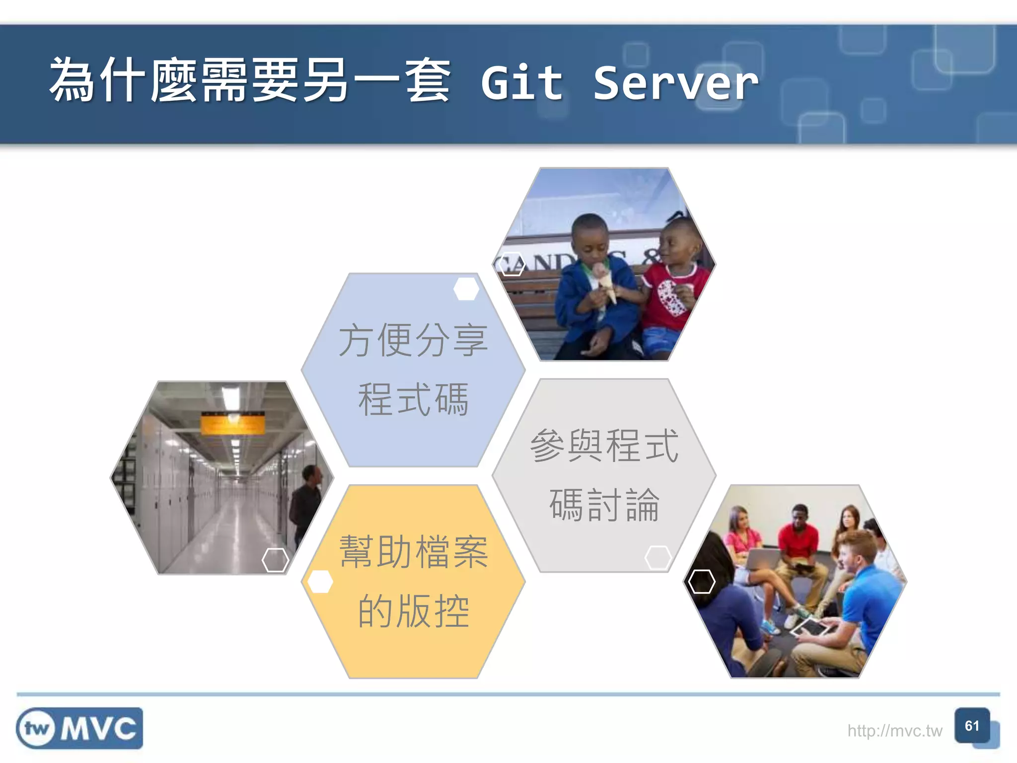 http://mvc.tw
為什麼需要另一套 Git Server
61
幫助檔案
的版控
參與程式
碼討論
方便分享
程式碼
 